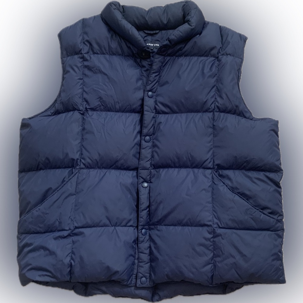 LANDS END Mens Down Filled Puffer Vest Blue, Side Pockets | XL